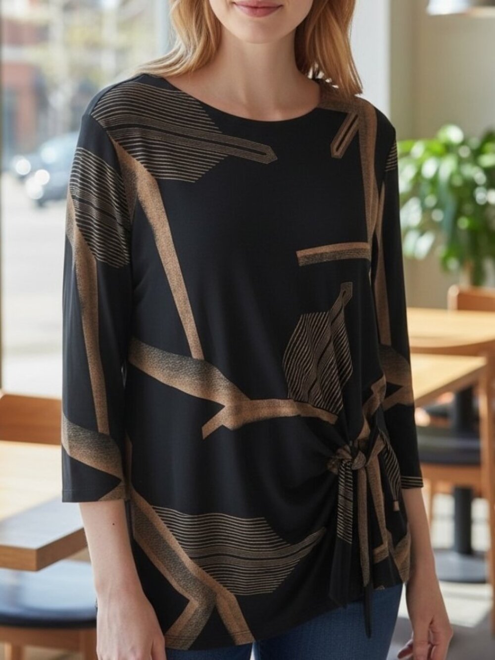Clara Sun Woo Black Brown Artsy Abstract Print Side Tie Tunic Top Women’s XL